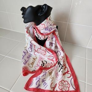 COACH 100% Silk Scarf Vintage Script Monogram Floral Red White